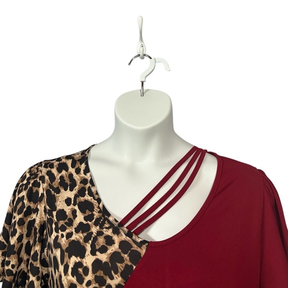 NWOT, Emery Rose, Stretch Asymmetrical Leopard And Red Blouse, 2X - Picture 3 of 11